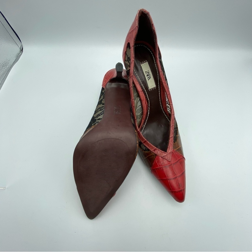 🌹NWOT. Zara Red Animal Print Lace High Heel Shoes. Size 7,5. - Picture 9 of 12